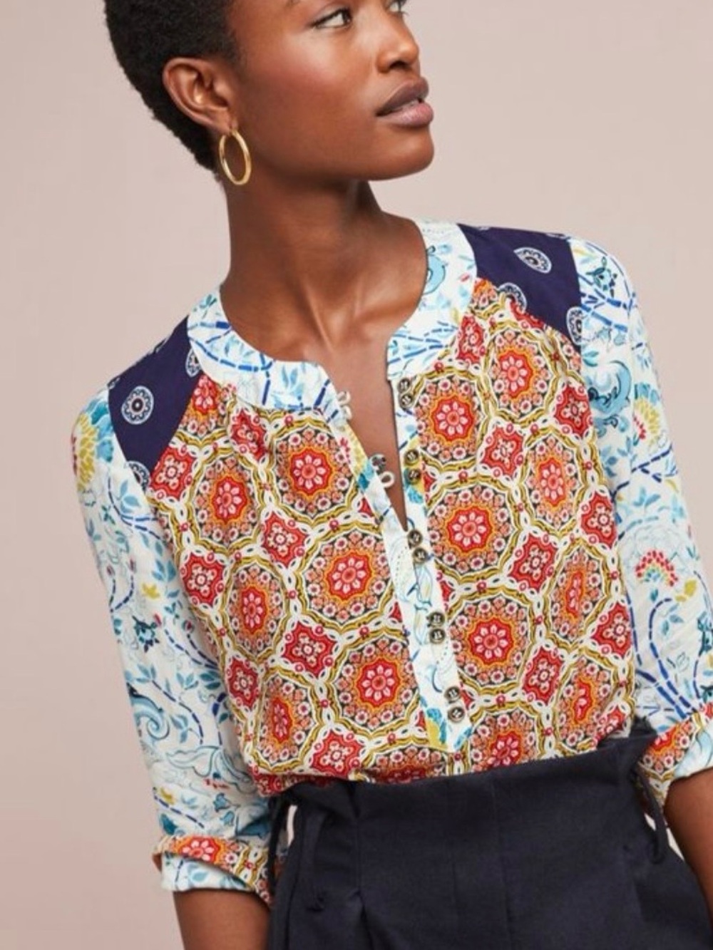 Anthropologie Maeve Top Women Sz 2/Small Mandala Henley Floral Mixed Print Boho